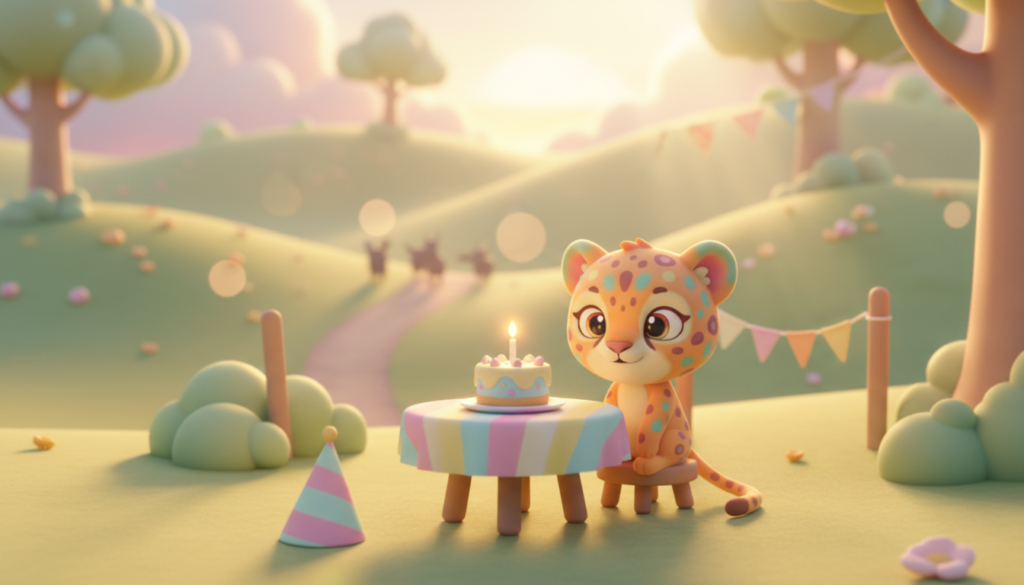 Sprinkles the cheetah sitting at a birthday table on Sunset Hill at sunset as guests begin to arrive