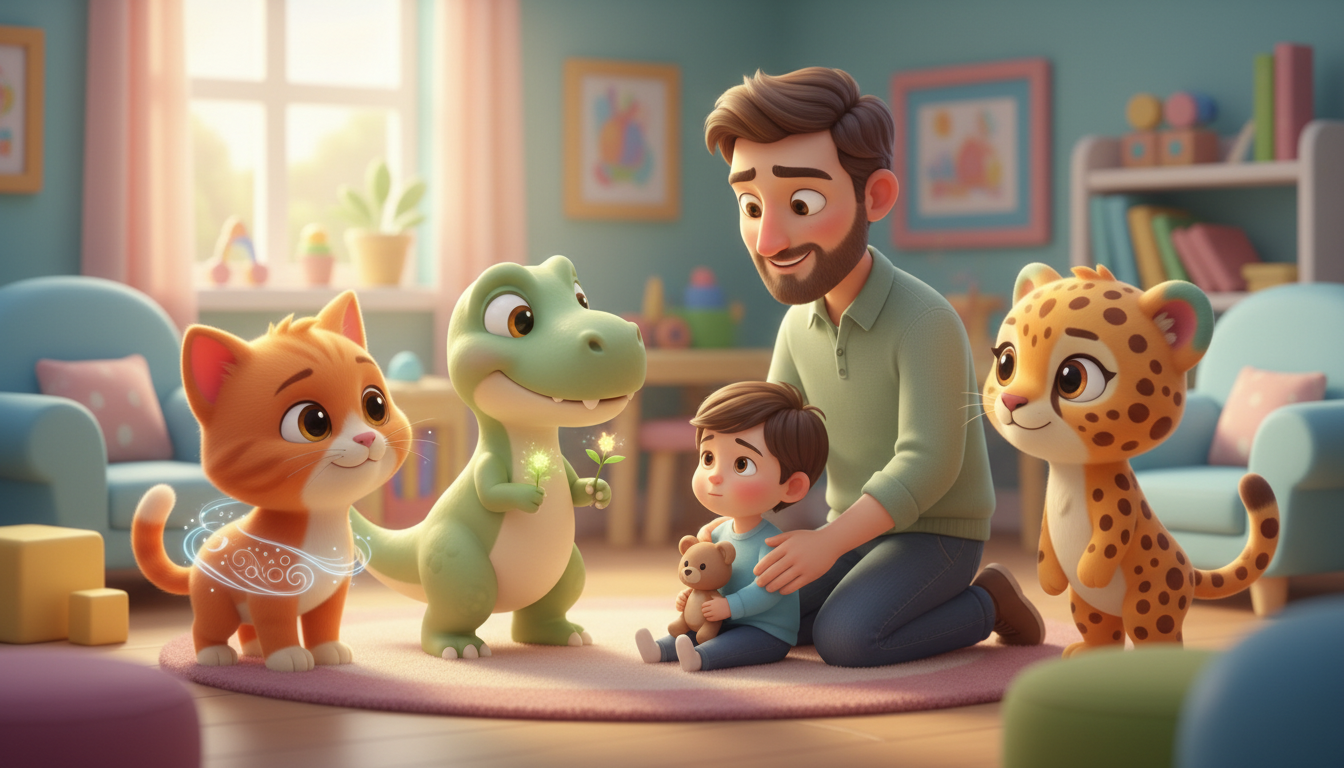 Kitty, Dino, and Sprinkles watching a father comfort a child at an orphanage