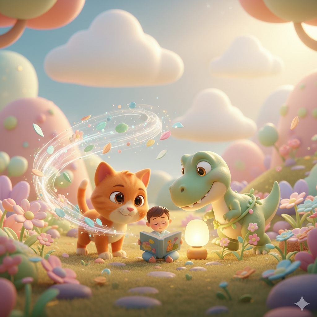 Dino the dinosaur showing a parent reading a short picture book to a sleepy child