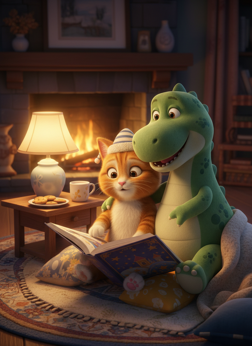 Child listening to bedtime stories for development - Kitty & Dino