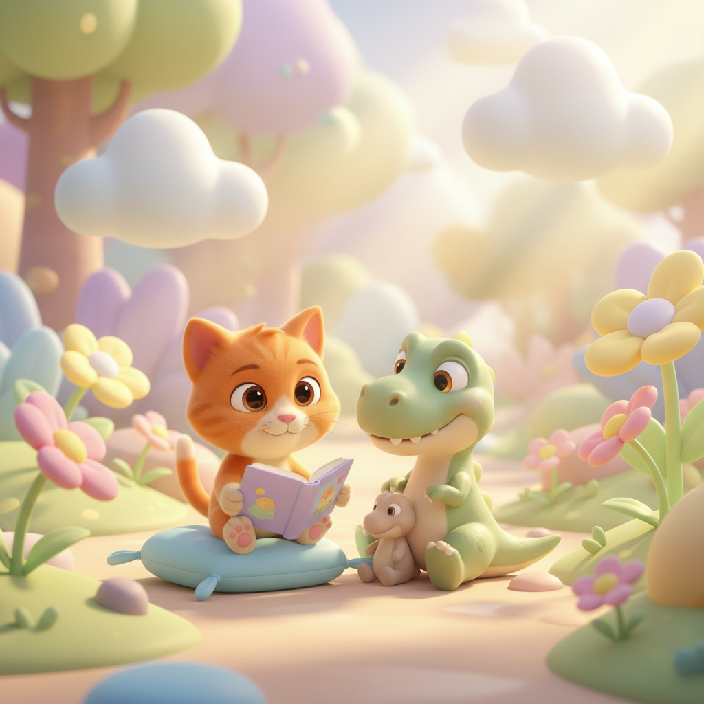 Kitty the cat peeking at a child reading quietly to a stuffed dinosaur companion