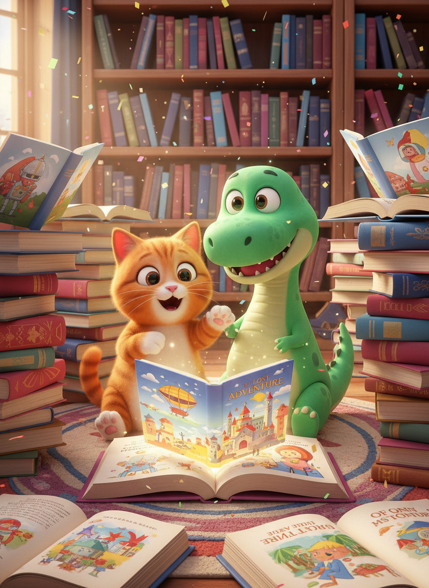 Child showing signs of loving reading with books - Kitty & Dino