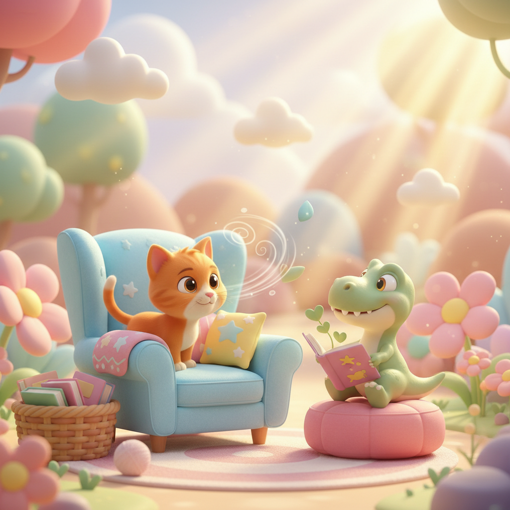 Dino the dinosaur showing a cozy reading corner with soft cushions and a basket of colorful books