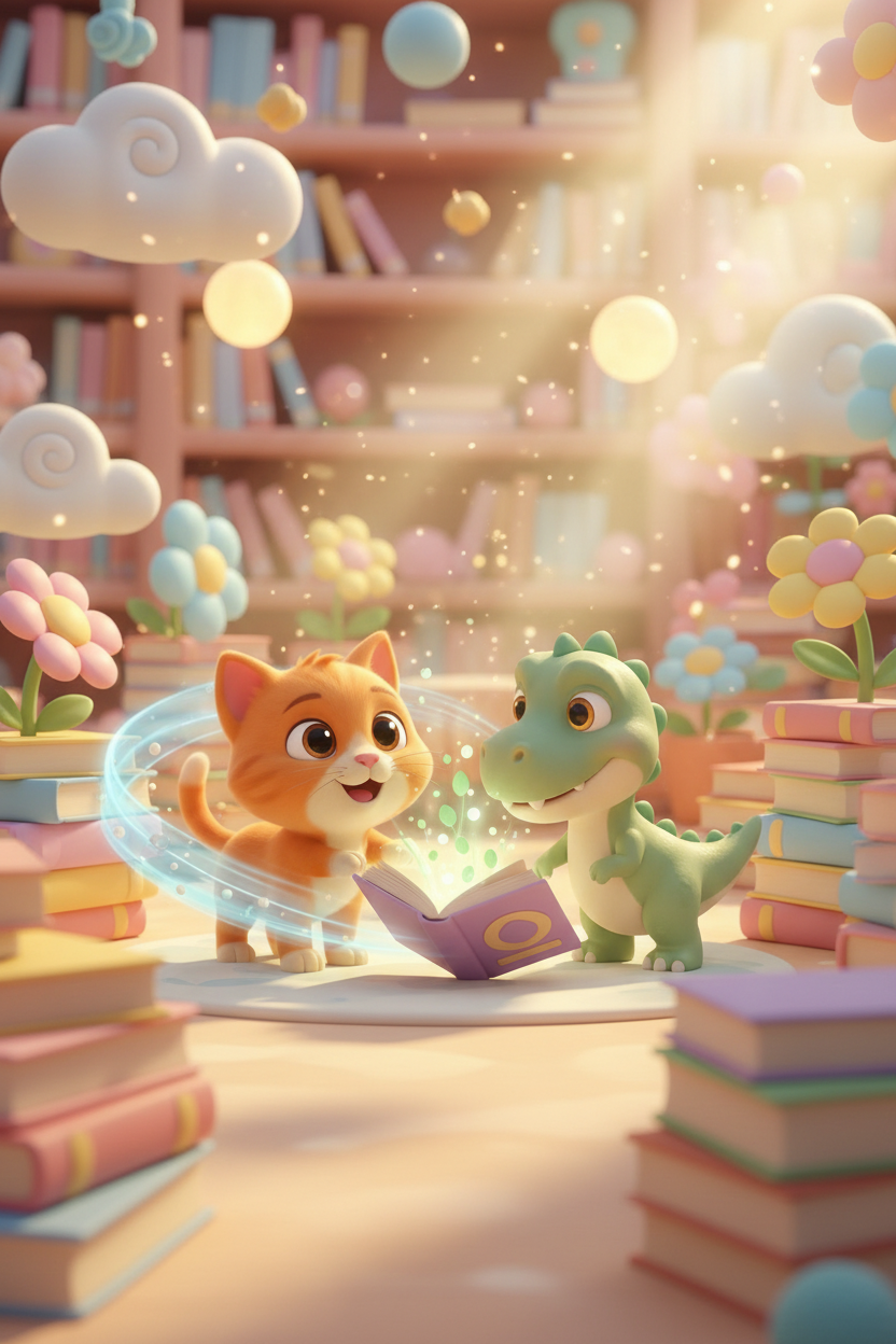 Kitty and Dino surrounded by books - playful reading scene