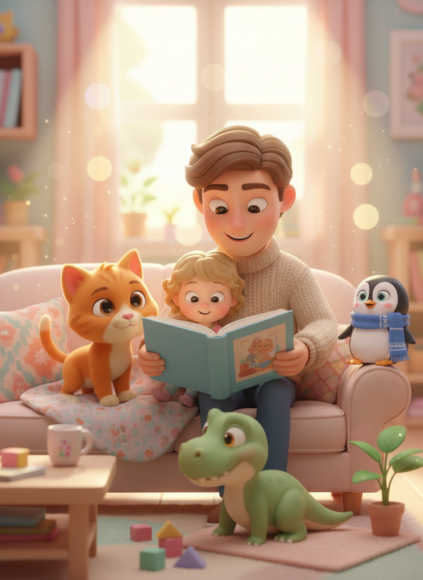Parent and child cuddling together reading a story, warm bonding moment with penguin plush toy nearby