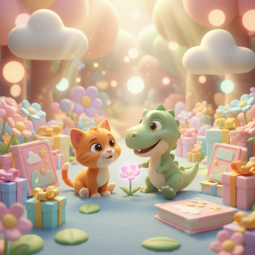 Kitty and Dino with birthday presents and books