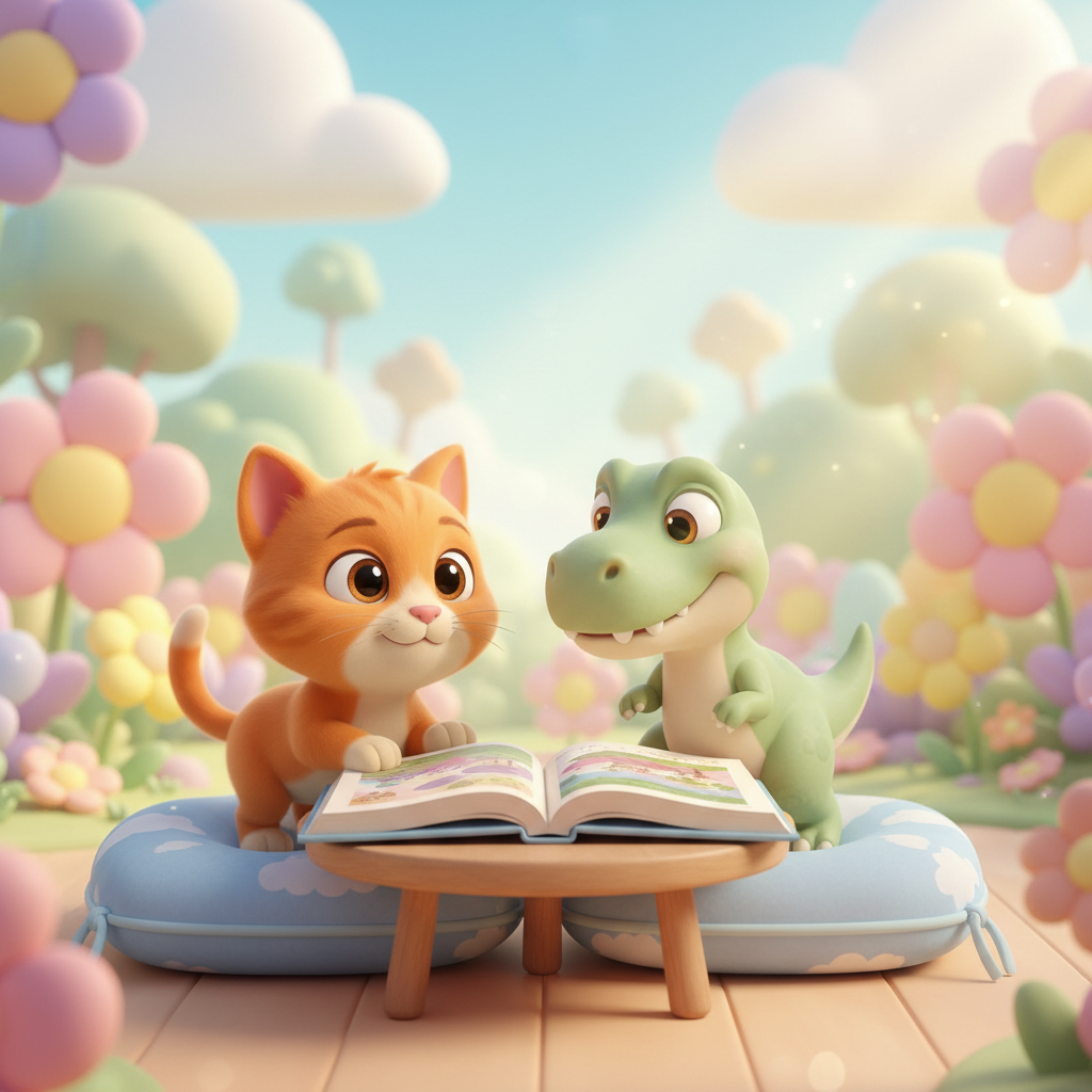 Kitty and Dino reading together, helping children understand stories