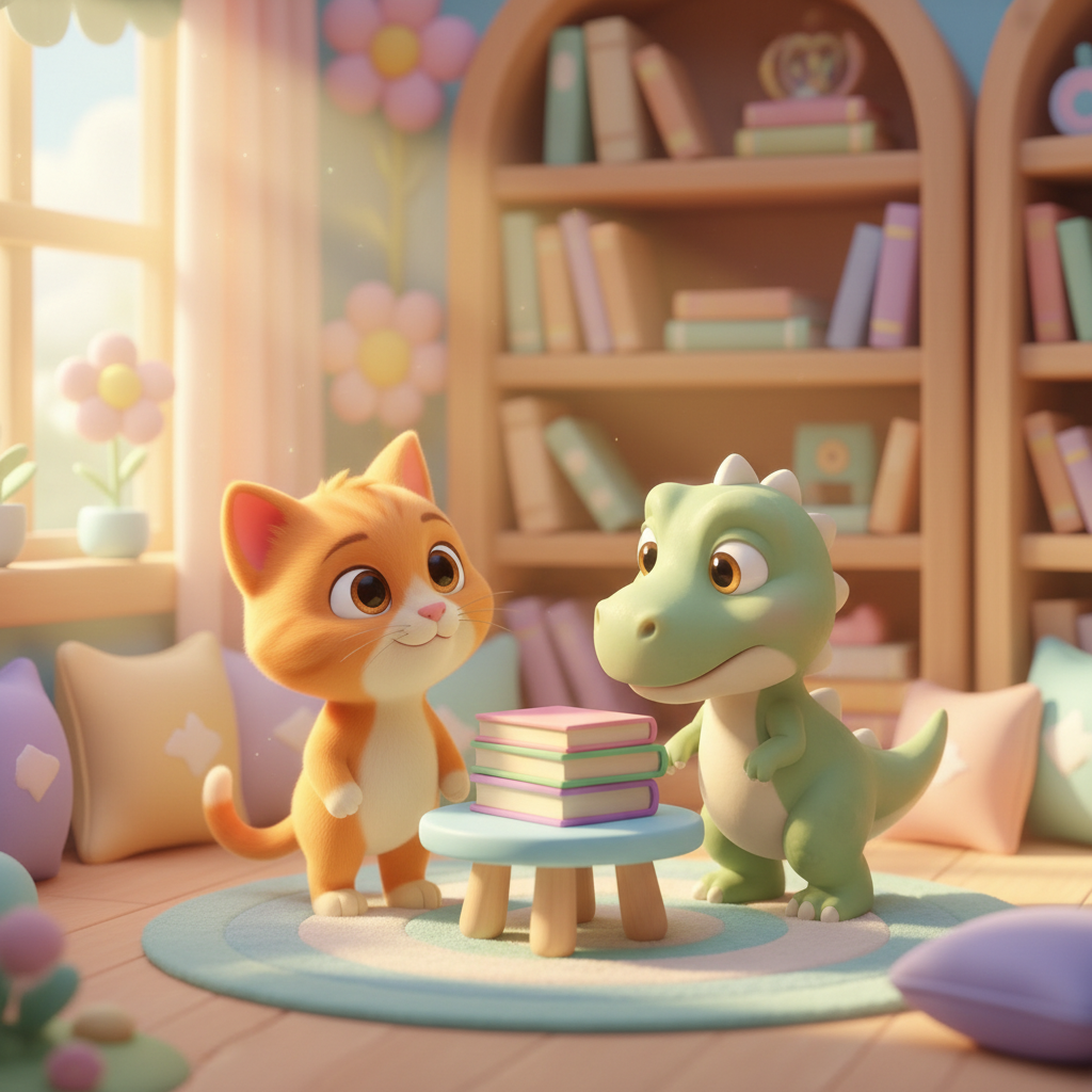 Kitty encouraging Dino to read, cozy reading nook