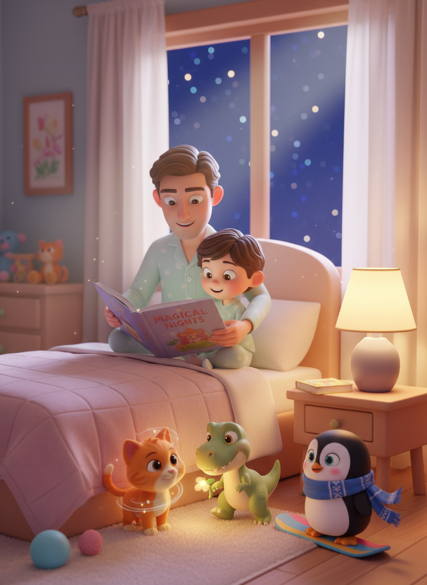 Parent and child reading bedtime story in cozy bedroom with soft lamplight and stars visible through window