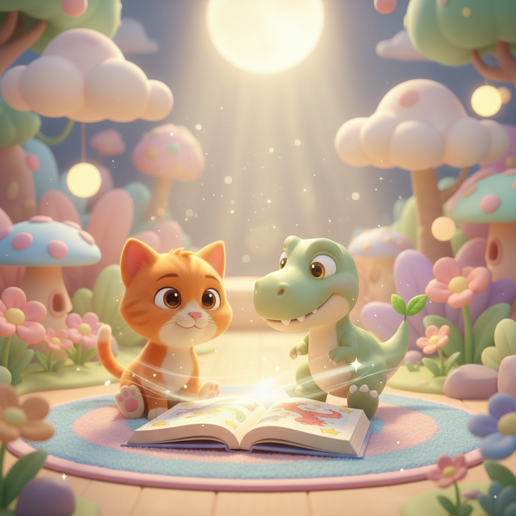 Kitty and Dino sitting on a bedtime rug with an open storybook