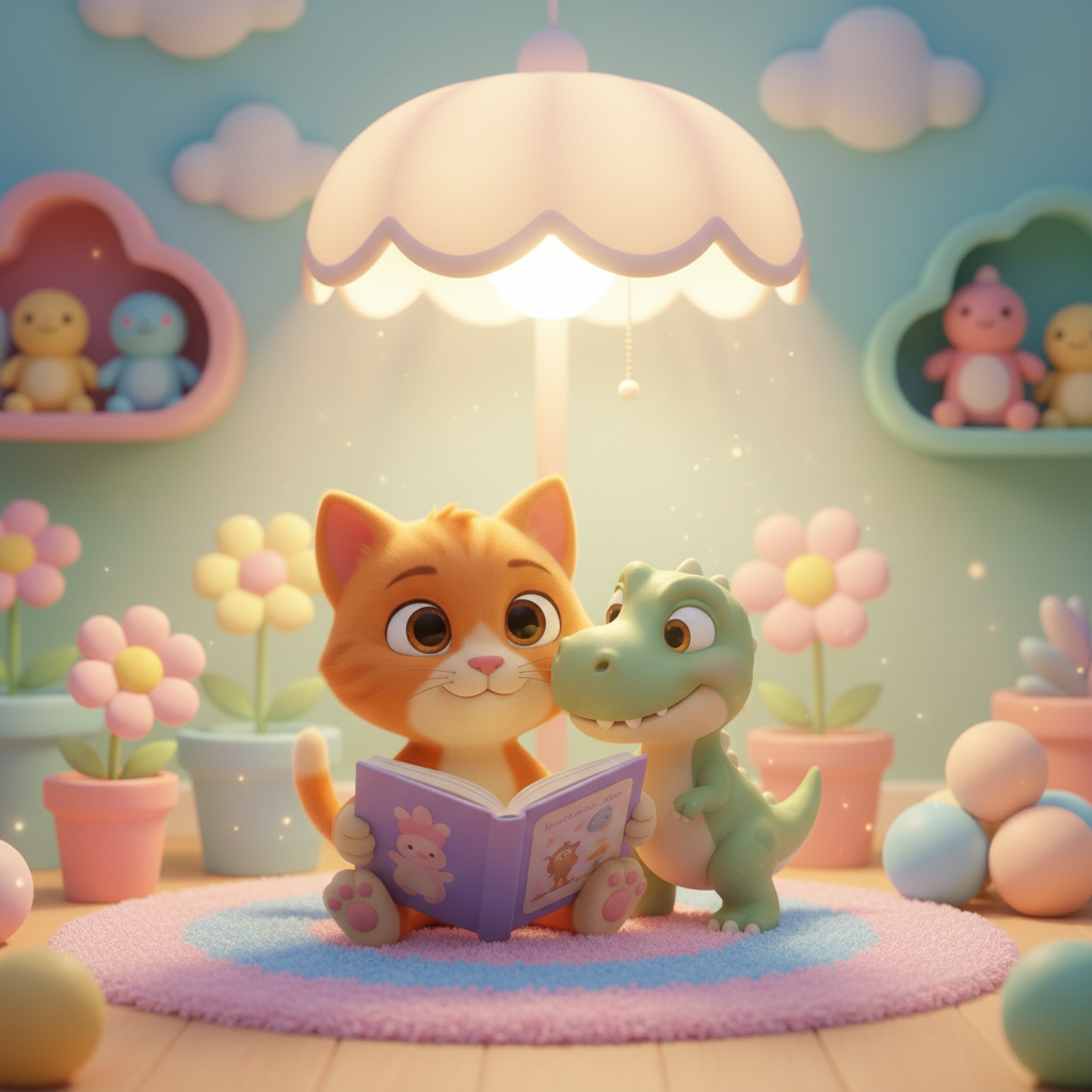 Kitty reading a book to Dino snuggled next to her under a warm lamp