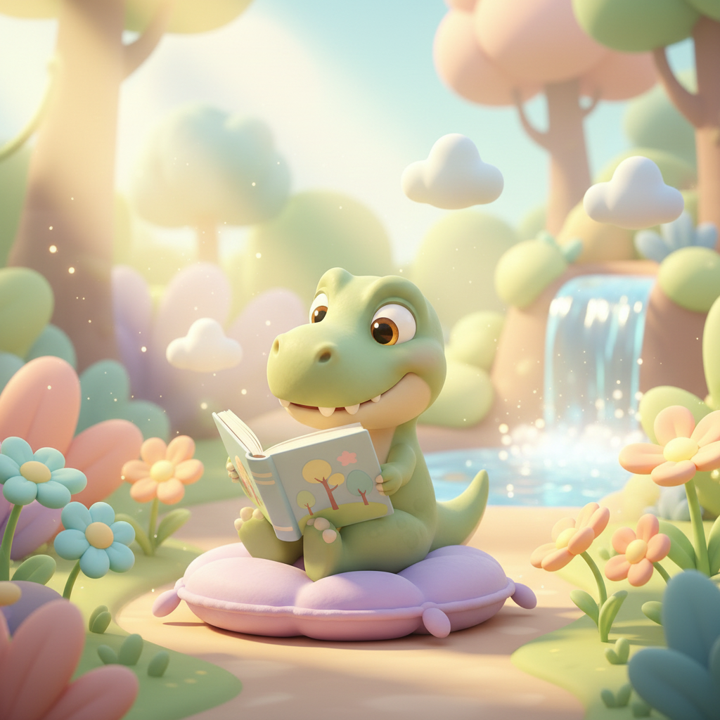 Child reading books with kitty and dino