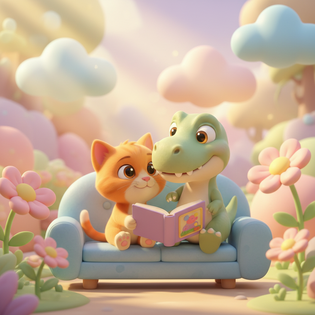 A parent and child reading together on a cozy couch after work, with warm evening light
