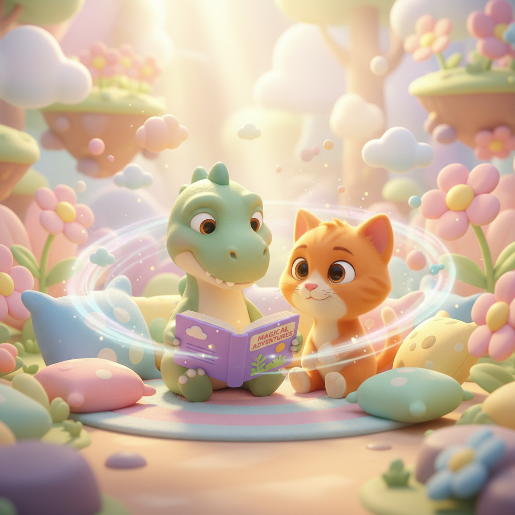 A child sitting in a cozy reading nook with a picture book, surrounded by soft pillows and warm light