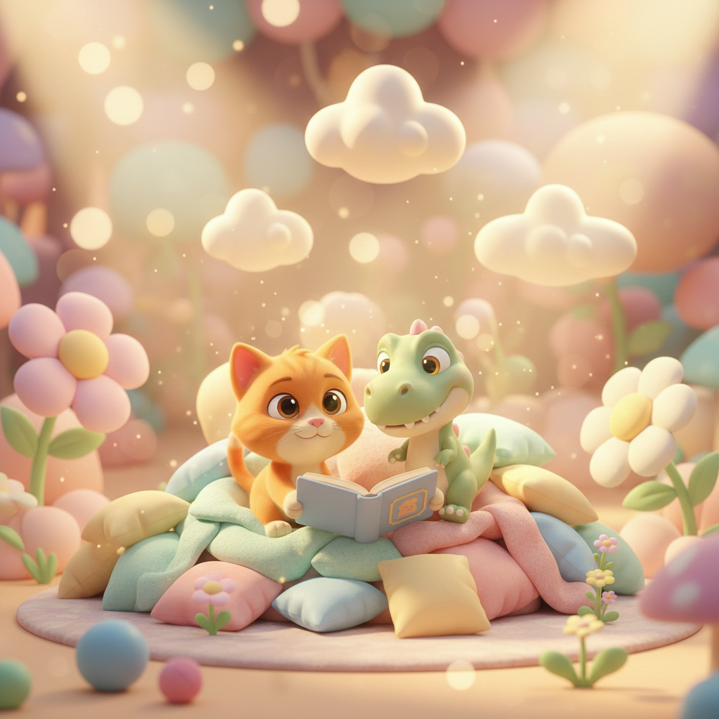 Kitty and Dino enjoying a cozy weekend reading pile with blankets and pillows
