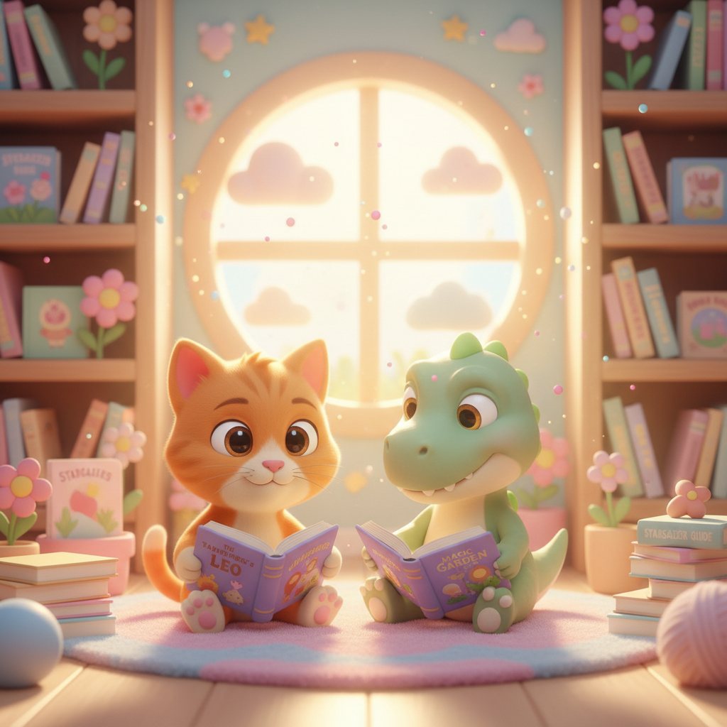 Kitty and Dino reading books together - children's books about patience