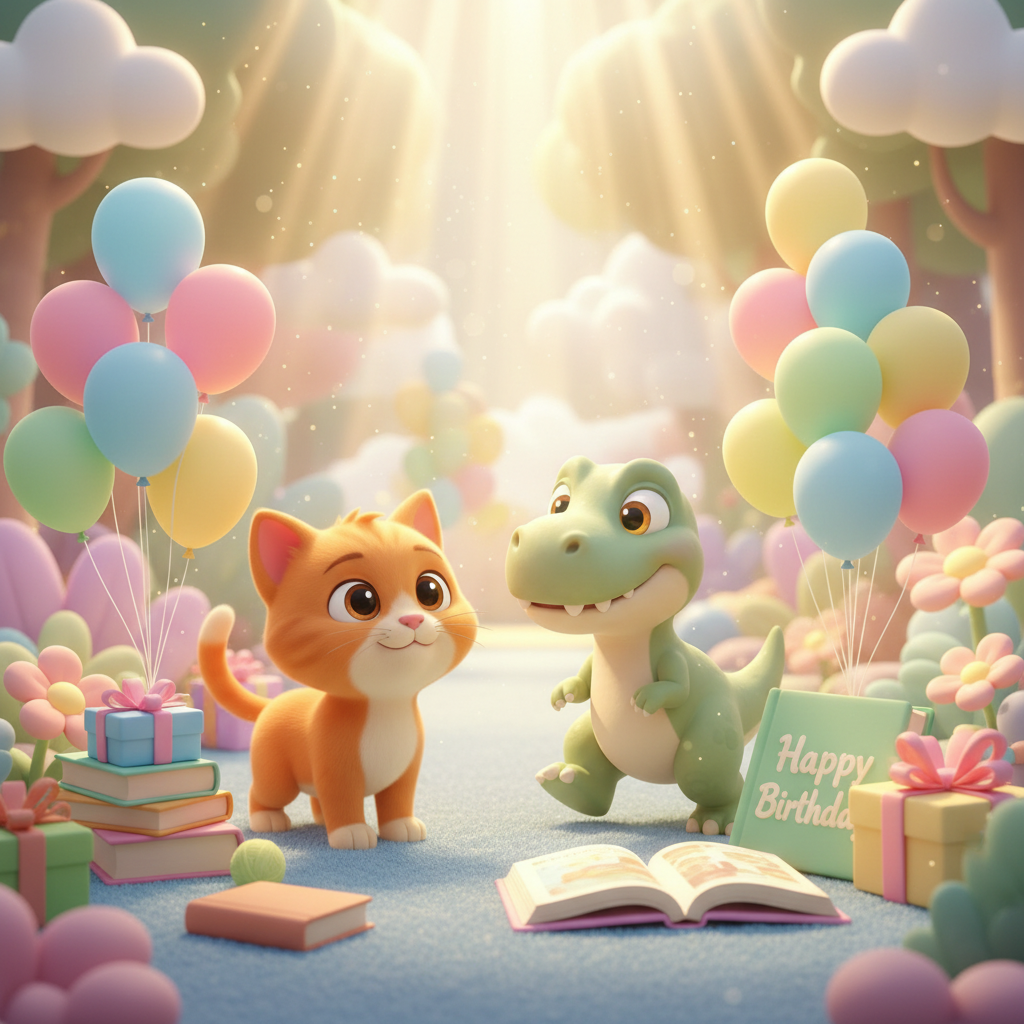 Kitty and Dino celebrating with birthday books