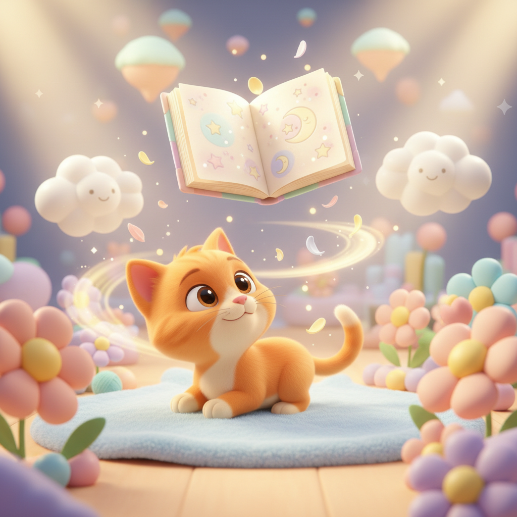 Kitty and Dino reading magical stories together in a pastel storybook illustration - featuring adorable 3D animated characters discovering wonder through books