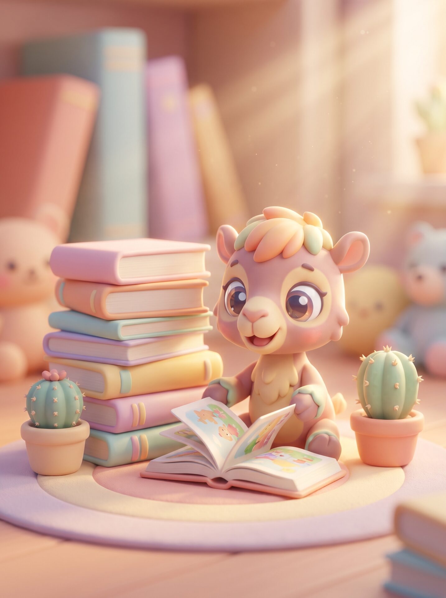 Carlos the Camel sitting happily beside a stack of picture books in a cozy reading nook