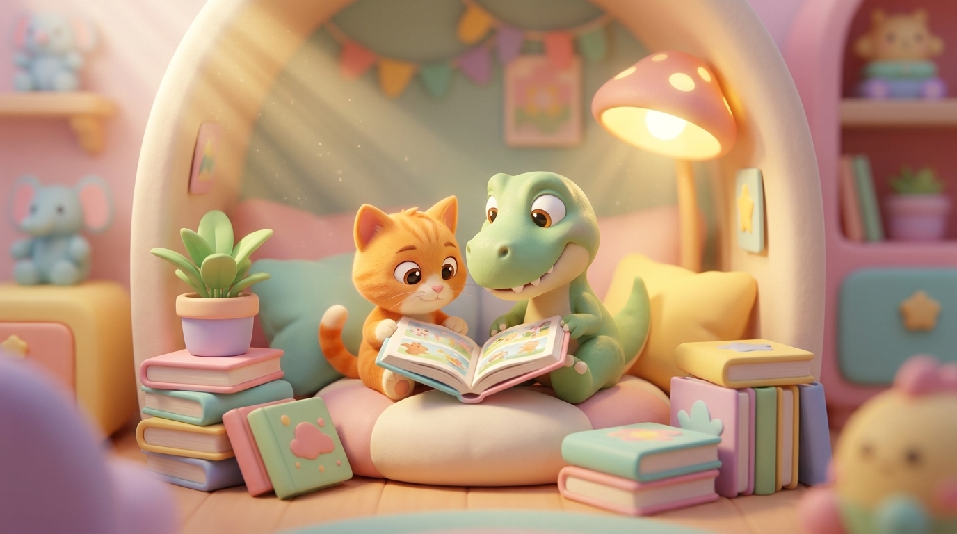 Kitty and Dino reading a picture book together in a cozy nook
