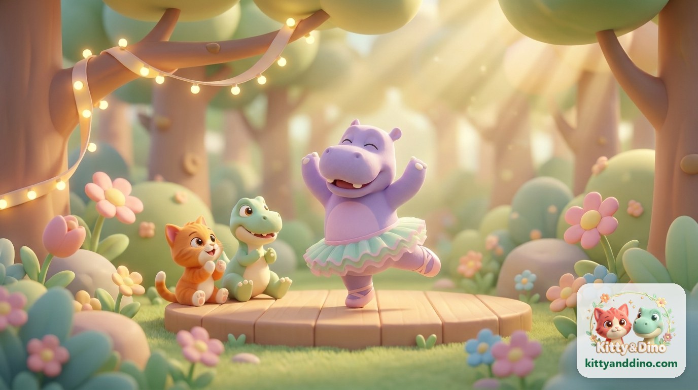 Harvey the hippo dances ballet on a little wooden stage in the forest while Kitty the cat and Dino the dinosaur clap and cheer for him