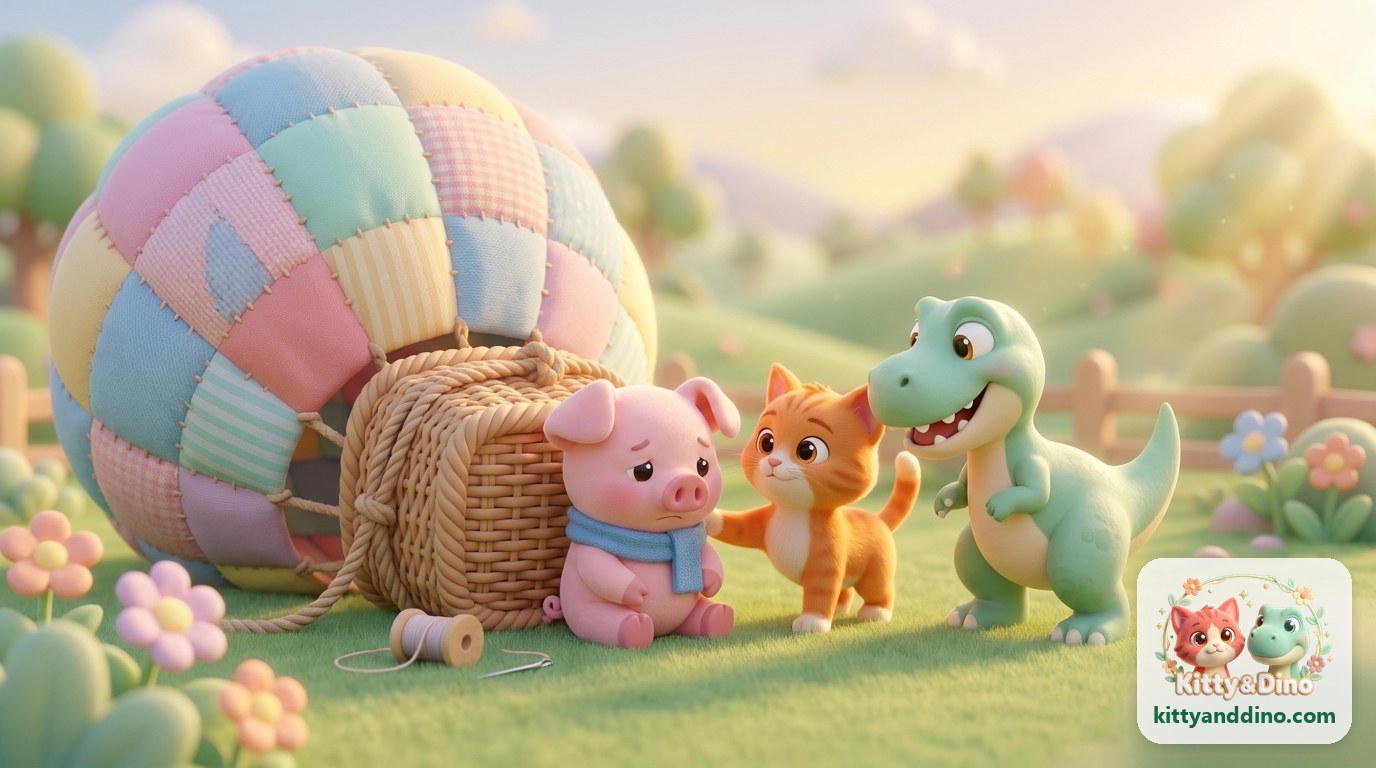 Pippin the pig in his blue scarf sits beside a patchwork balloon that will not float yet, while Kitty the cat and Dino the dinosaur encourage him