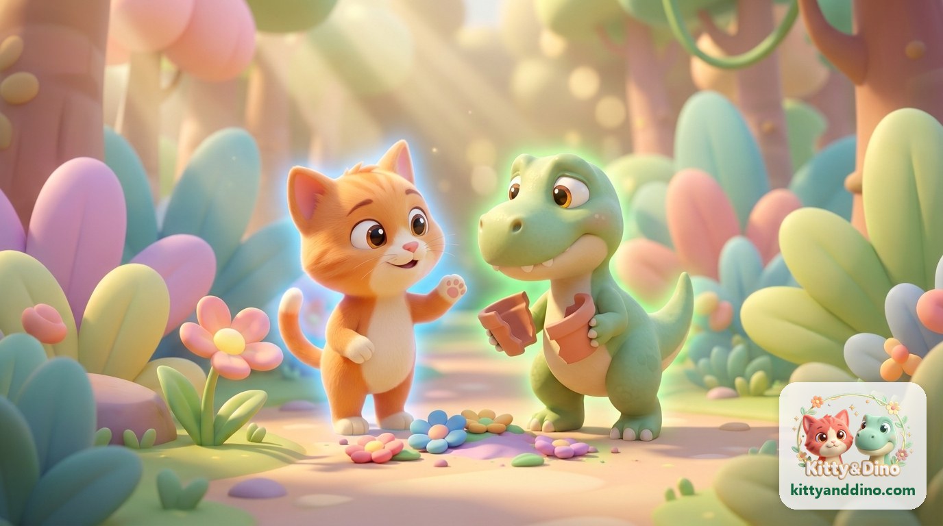 Dino holds the two halves of a broken flowerpot out to Kitty, who raises a paw and smiles to reassure him, in a pastel garden