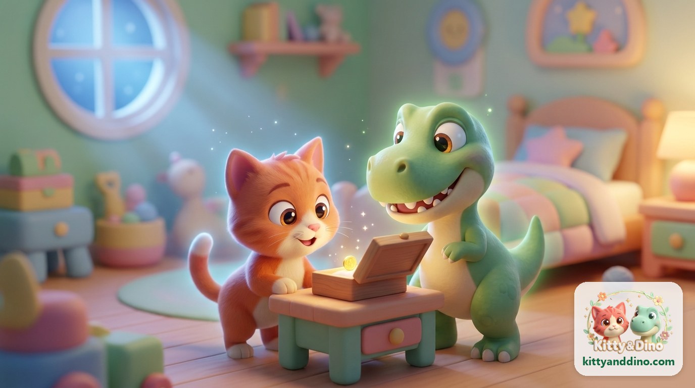 Kitty and Dino peek into a small open keepsake box with a glowing coin inside, in a cozy pastel bedroom at bedtime
