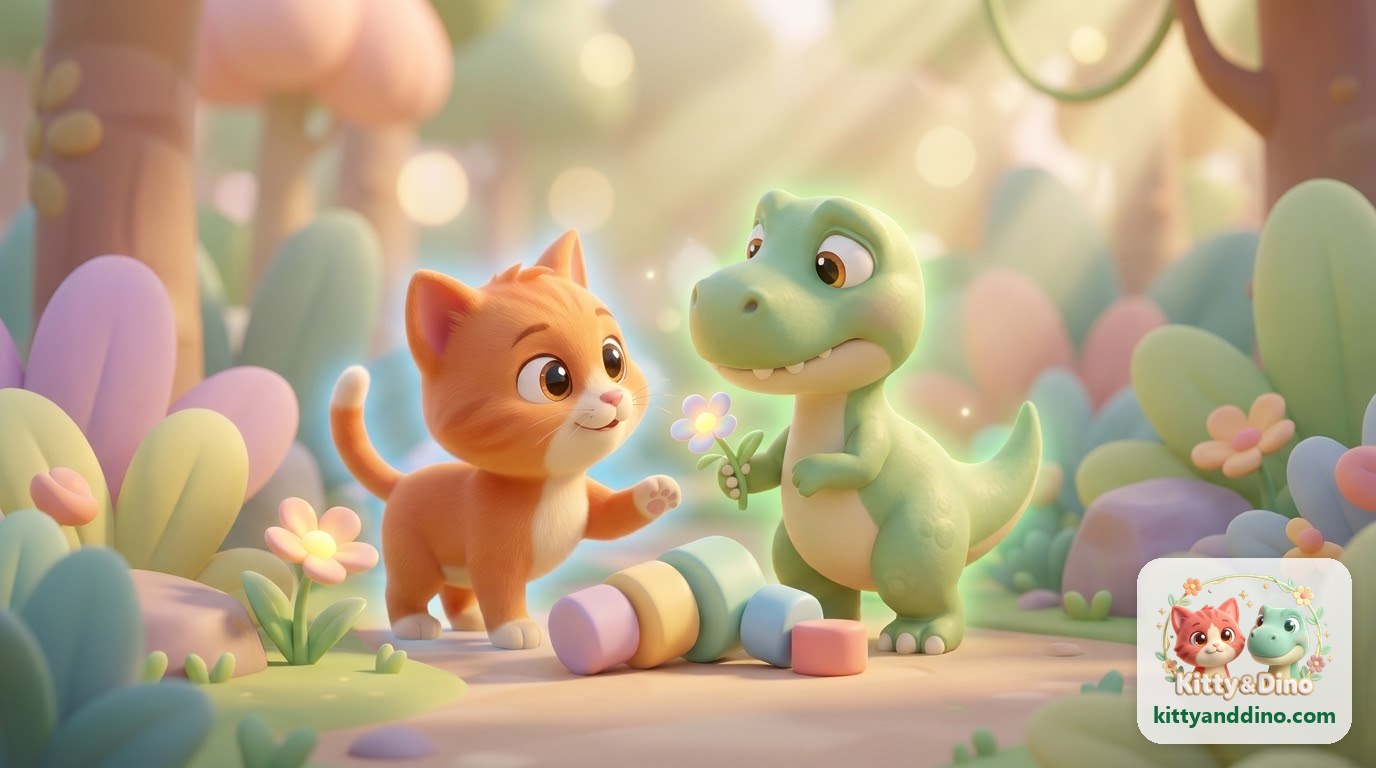 Dino offers Kitty a small flower he has grown beside a toppled tower of toy blocks, and Kitty smiles as she reaches for it