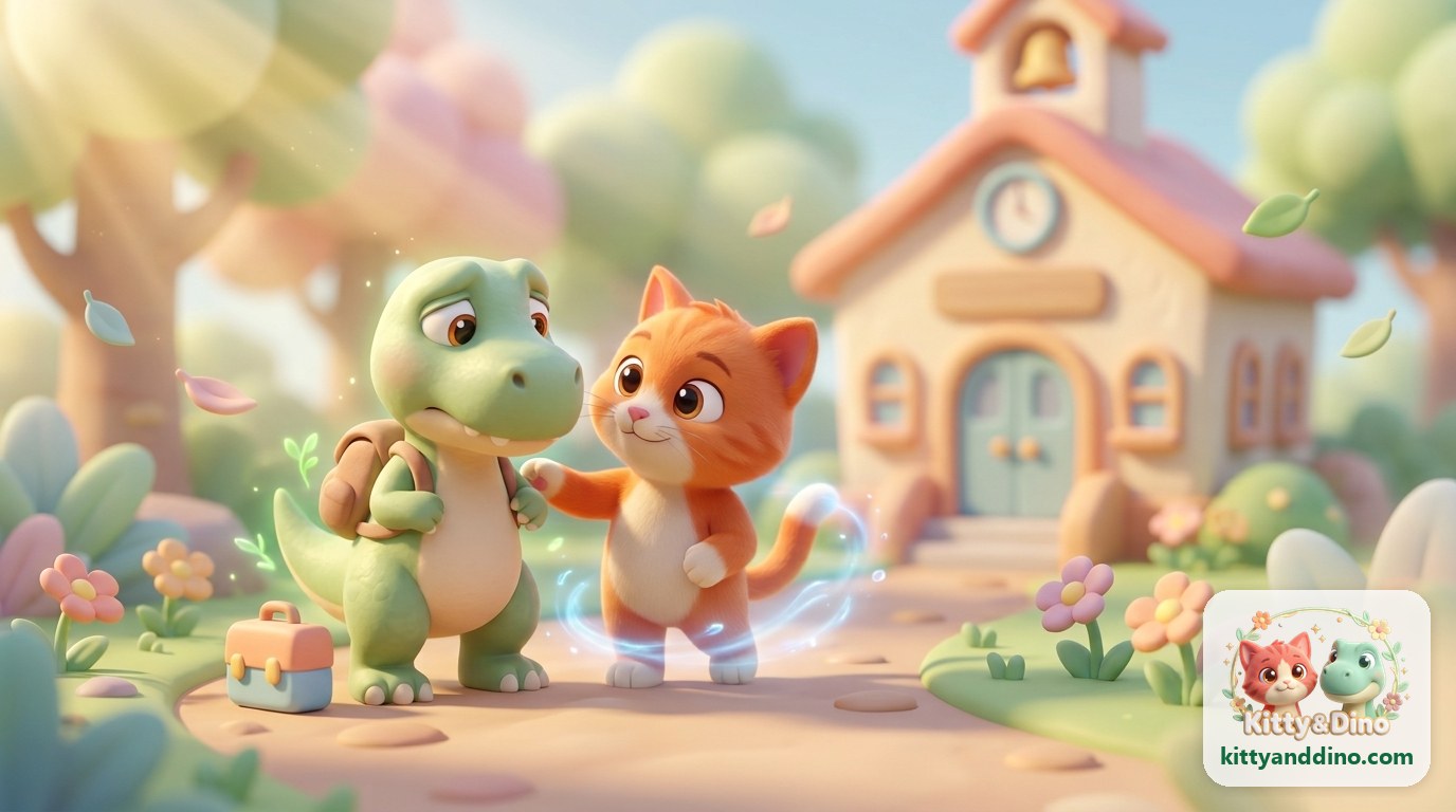 Kitty and Dino on a garden path to a little schoolhouse, Dino holding his backpack and looking unsure while Kitty reaches out to encourage him
