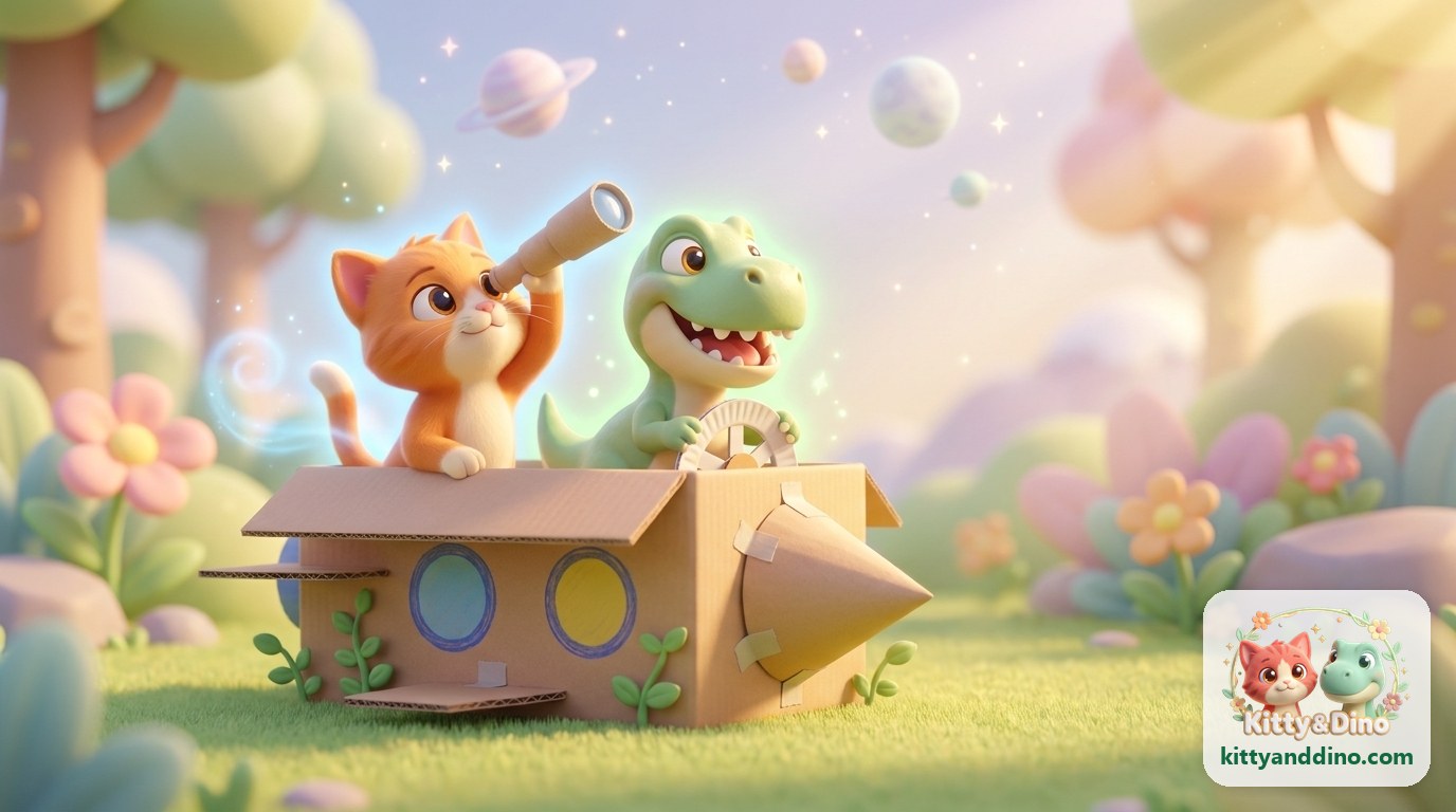 Kitty looks through a cardboard telescope while Dino steers a cardboard-box rocket ship in a pastel garden, with pretend planets in the sky