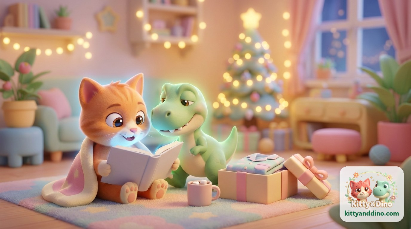 Kitty reads a picture book under a soft blanket while Dino leans in, beside an open Christmas Eve box with pajamas and a mug of cocoa in front of a lit tree
